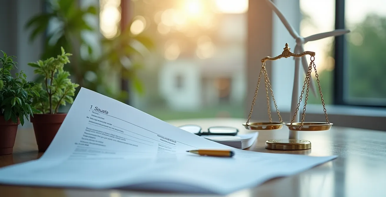 Vue symbolique représentant un contrat d'électricité professionnel avec des éléments d'énergie renouvelable et une balance symbolisant stabilité et maîtrise des coûts