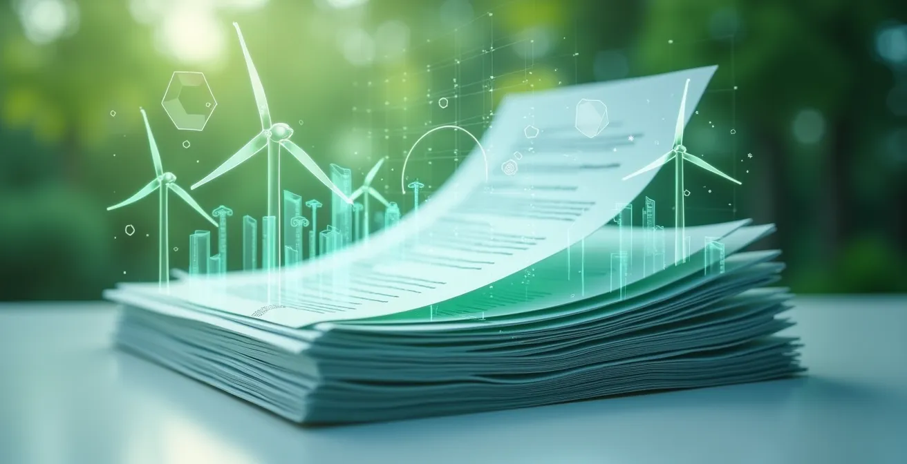 Illustration conceptuelle montrant des piles de contrats d'énergie avec des symboles d'équilibre financier et écologique