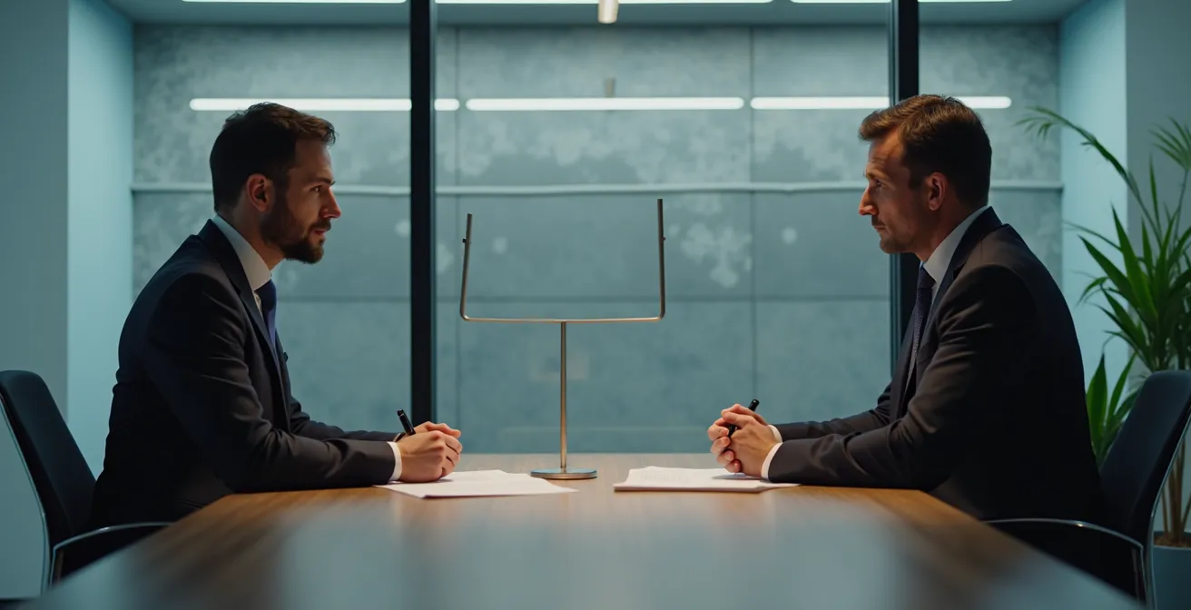 Illustration montrant une table de négociation entre un chef d'entreprise et un représentant fournisseur d'électricité