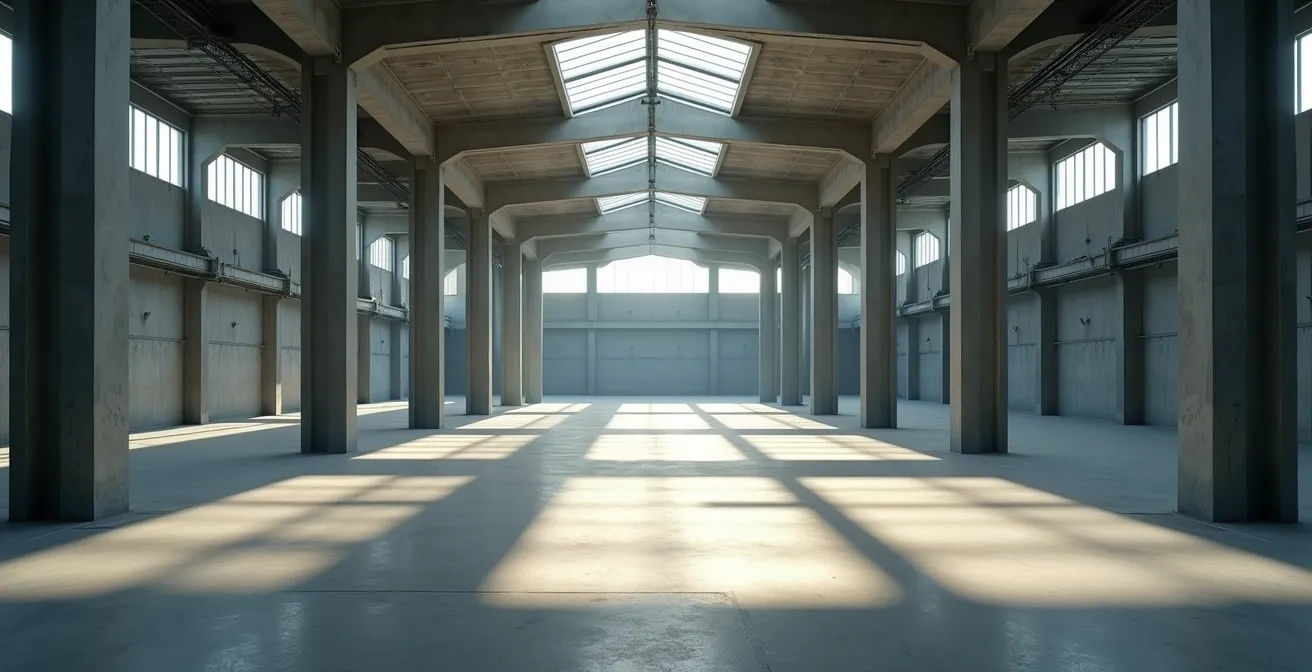 Hall industriel minimaliste avec architecture en béton et jeux de lumières naturelles
