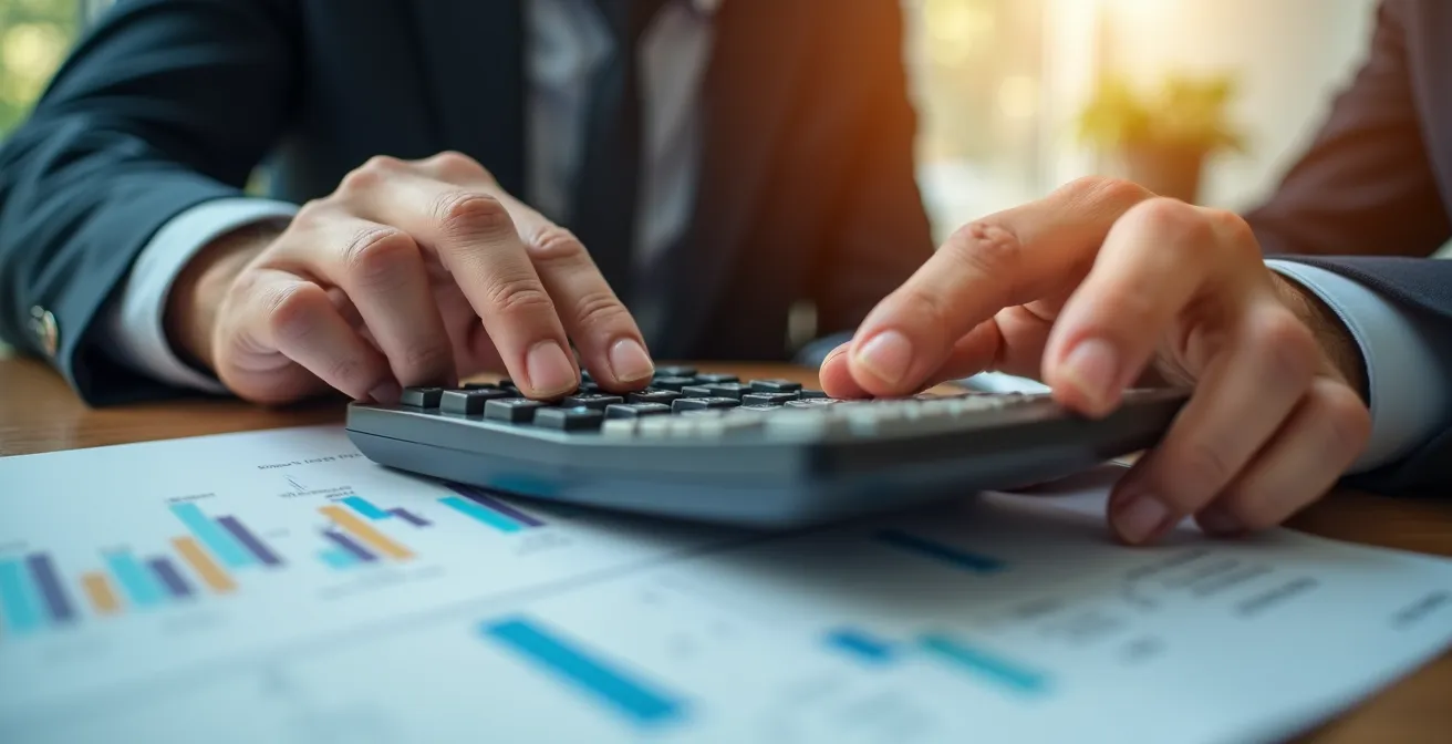 Mains d'expert manipulant une calculatrice professionnelle au-dessus de documents financiers