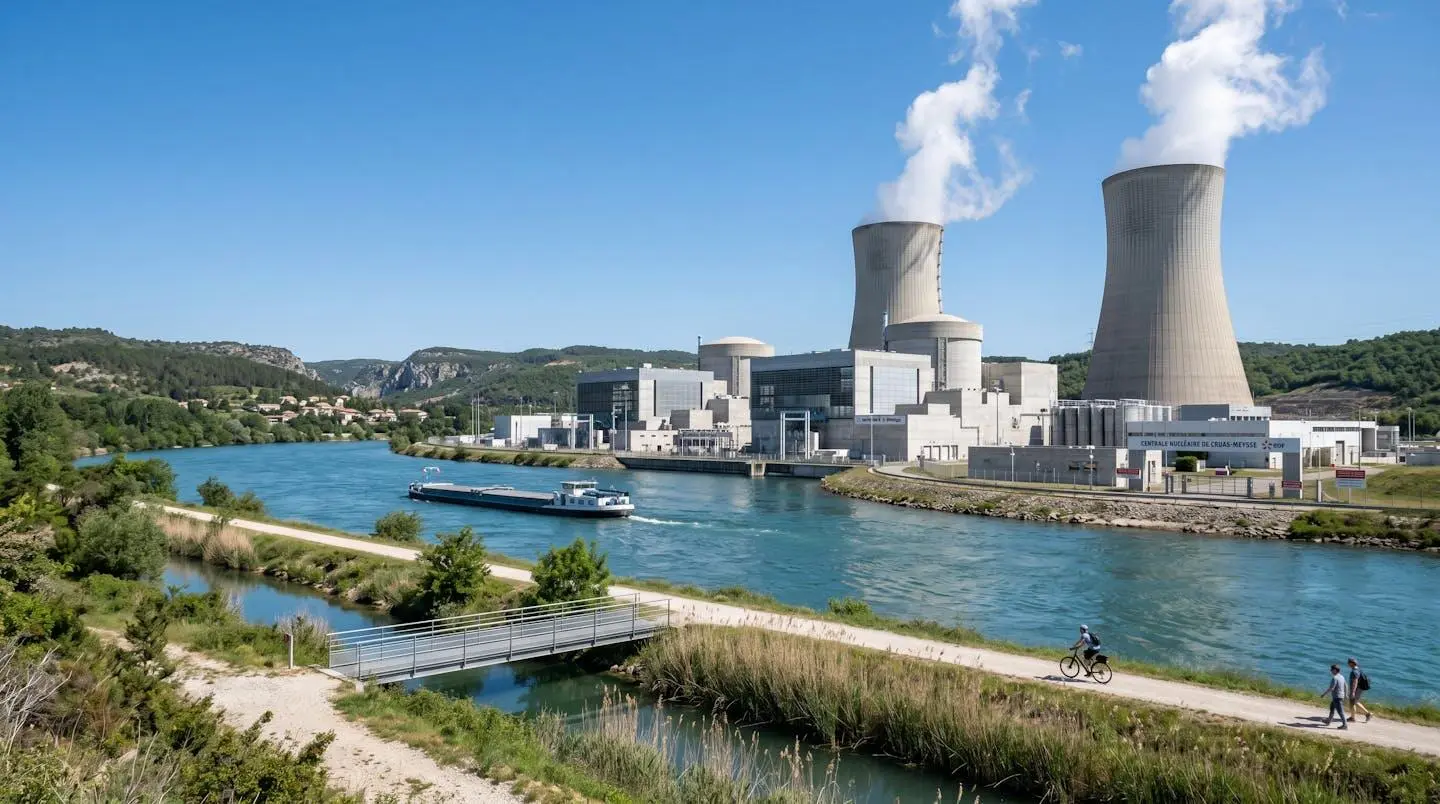 Vue large d'une centrale nucléaire moderne au bord d'un fleuve sous un ciel dégagé en plein jour