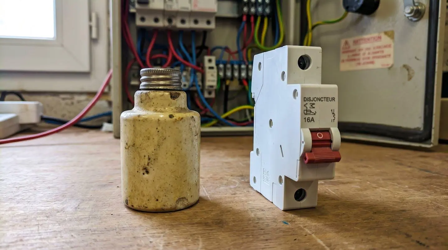 Gros plan rapproché montrant le contraste entre un ancien porte-fusible en porcelaine des années 1970 et un disjoncteur différentiel contemporain