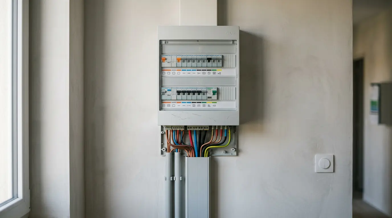 Installation électrique domestique conforme à la norme NF C 15-100 avec tableau de répartition et câblage sécurisé