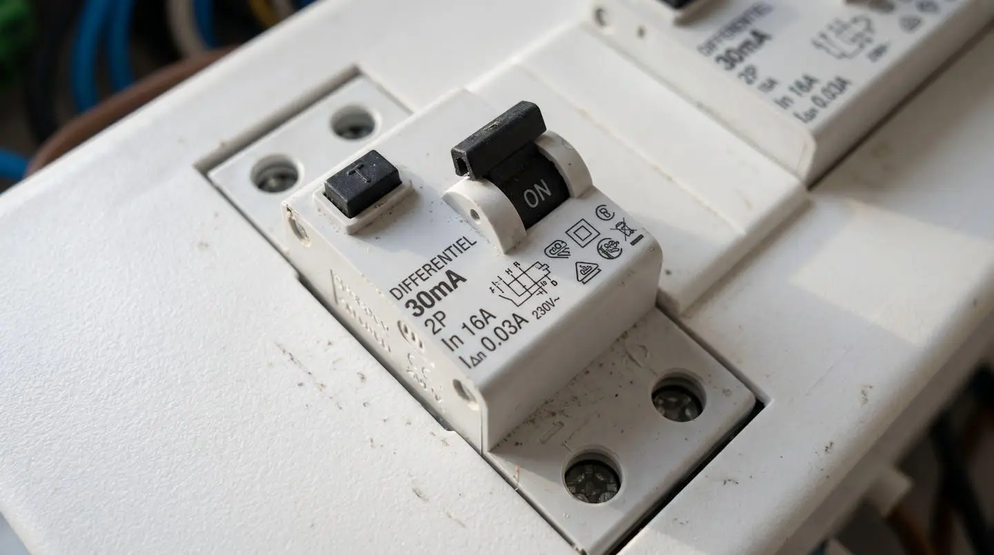 Gros plan sur un disjoncteur différentiel 30mA monté sur un tableau électrique blanc moderne, avec mise au point nette sur le mécanisme