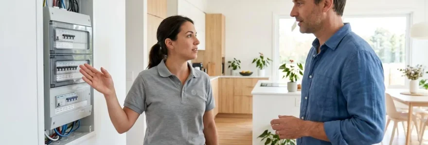 Un électricien professionnel montre les composants d'un tableau électrique ouvert à un propriétaire, tous deux vus de profil dans un intérieur résidentiel lumineux