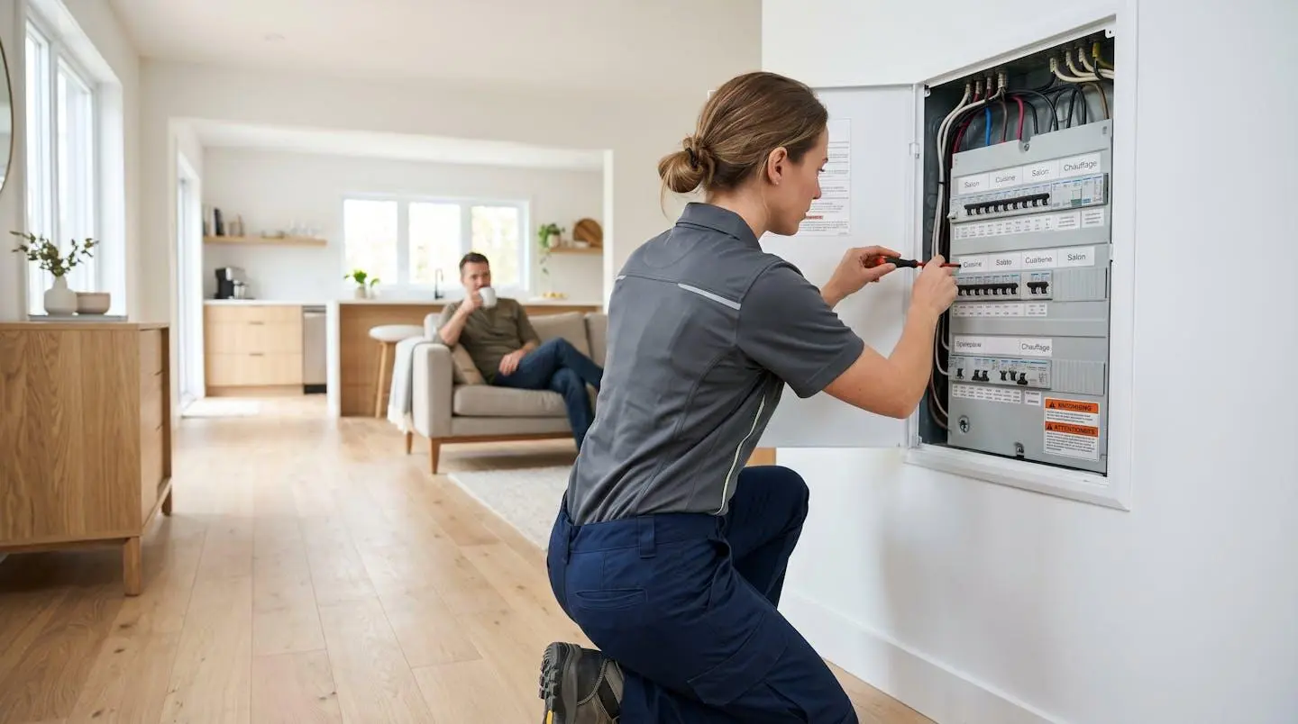 Un électricien professionnel en vêtements de travail contemporains examine un tableau électrique ouvert dans un intérieur résidentiel lumineux
