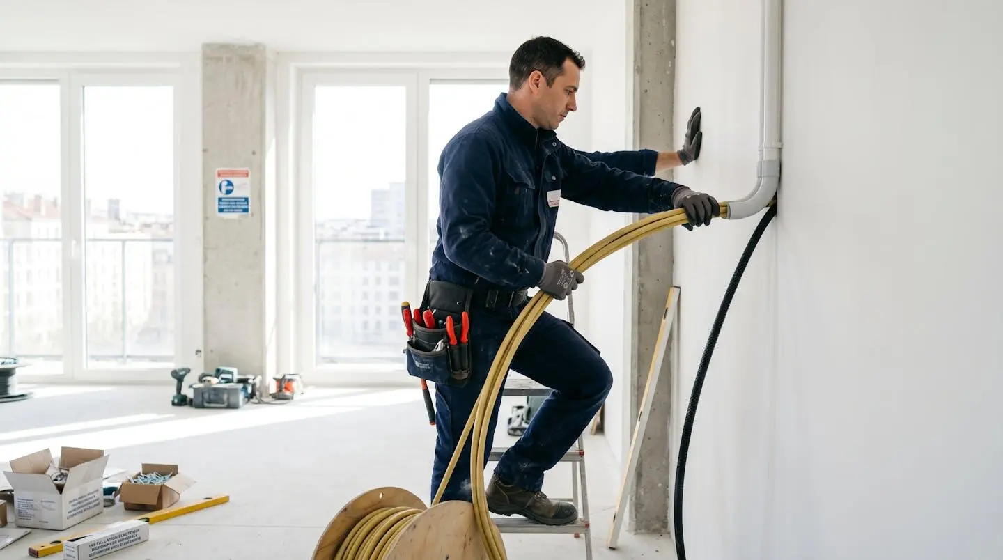 Vue de profil d'un électricien en action tirant des câbles électriques à travers une gaine pendant des travaux de rénovation dans un espace lumineux