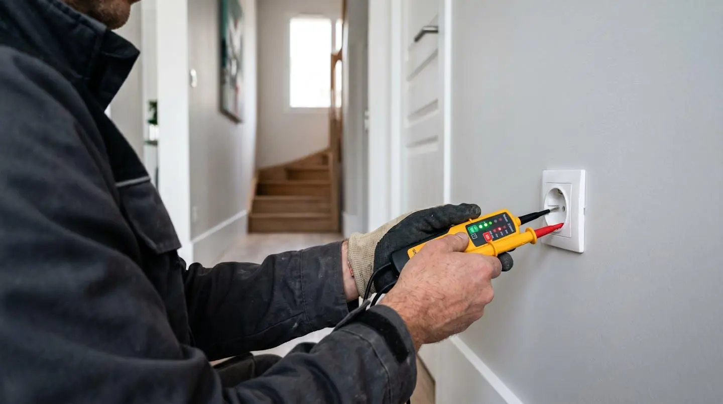 Main d'électricien vue de profil utilisant un testeur de tension sur une prise murale dans un intérieur moderne