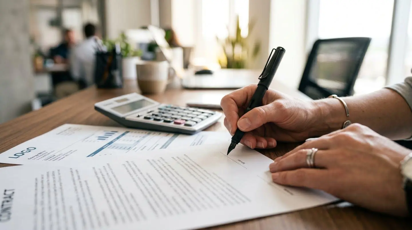 Gros plan sur des mains tenant un stylo au-dessus d'un contrat avec une calculatrice et des factures sur un bureau lumineux