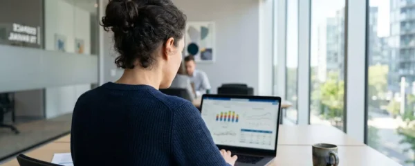 Un professionnel vu de dos consulte des graphiques énergétiques sur son ordinateur portable dans un bureau lumineux