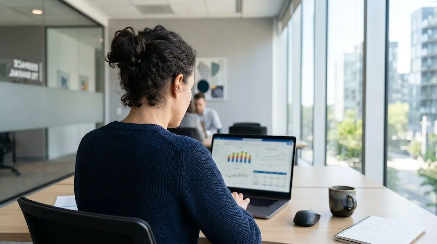 Un professionnel vu de dos consulte des graphiques énergétiques sur son ordinateur portable dans un bureau lumineux