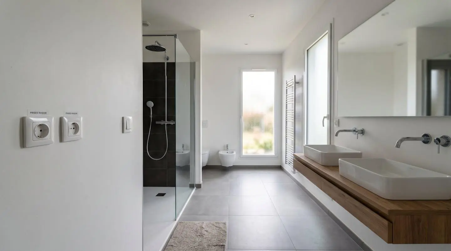 Vue d'ensemble d'une salle de bain contemporaine française lumineuse montrant la disposition des prises électriques par rapport à la douche
