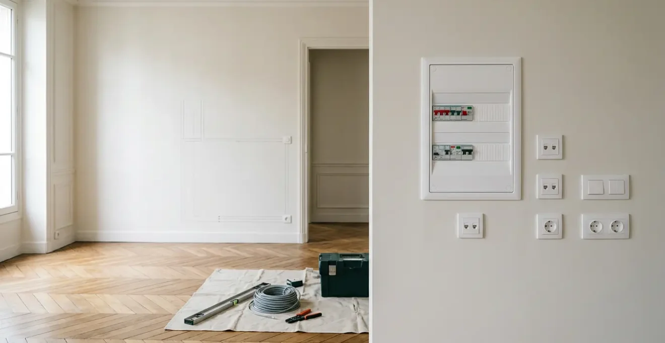 Chantier de rénovation électrique moderne avec installation conforme aux nouvelles normes dans un logement français