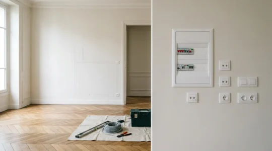 Chantier de rénovation électrique moderne avec installation conforme aux nouvelles normes dans un logement français