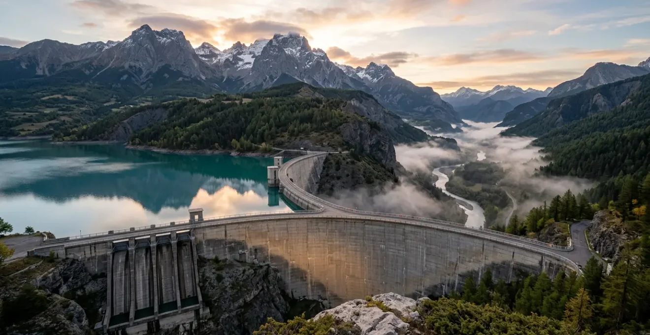 Vue d'ensemble d'une centrale hydroélectrique de montagne produisant de l'électricité en temps réel dans les Alpes françaises