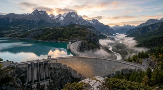 Vue d'ensemble d'une centrale hydroélectrique de montagne produisant de l'électricité en temps réel dans les Alpes françaises