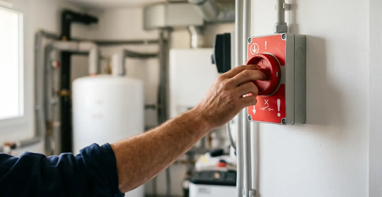Dispositif de coupure d'urgence électrique facilement accessible pour chaudière et VMC avec étiquetage clair