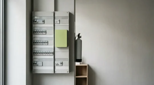 Tableau électrique professionnel moderne avec compteur Linky et disjoncteurs pour commerce