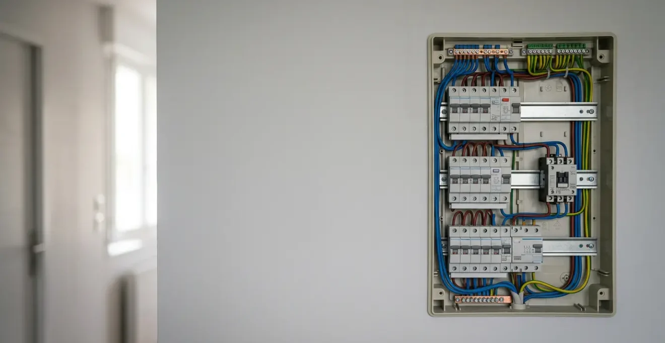 Tableau électrique domestique moderne avec disjoncteurs et contacteurs installés selon les normes françaises