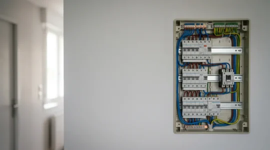 Tableau électrique domestique moderne avec disjoncteurs et contacteurs installés selon les normes françaises