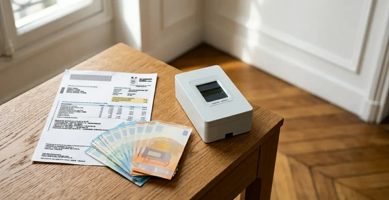 Main pointant une facture d'électricité avec des billets d'euros symbolisant les économies réalisées