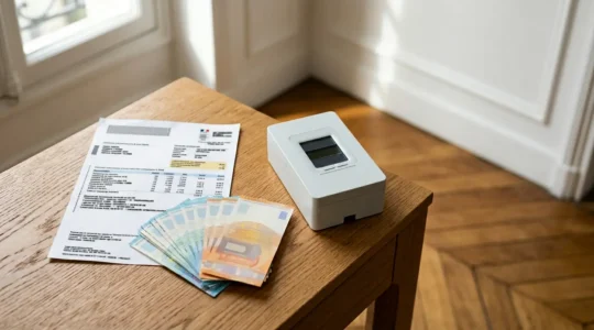 Main pointant une facture d'électricité avec des billets d'euros symbolisant les économies réalisées