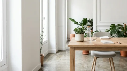Espace de travail professionnel d'une TPE française avec éclairage naturel symbolisant la transition vers l'électricité verte