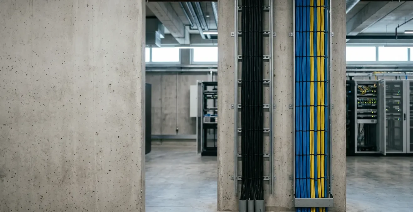 Infrastructure réseau professionnelle avec séparation physique entre câbles d'alimentation et câbles de données dans une salle technique