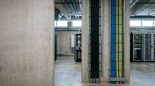 Infrastructure réseau professionnelle avec séparation physique entre câbles d'alimentation et câbles de données dans une salle technique