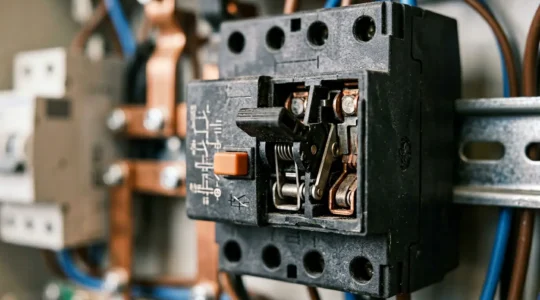 Gros plan professionnel sur un interrupteur différentiel 30mA installé dans un tableau électrique moderne, éclairage naturel, composition réaliste