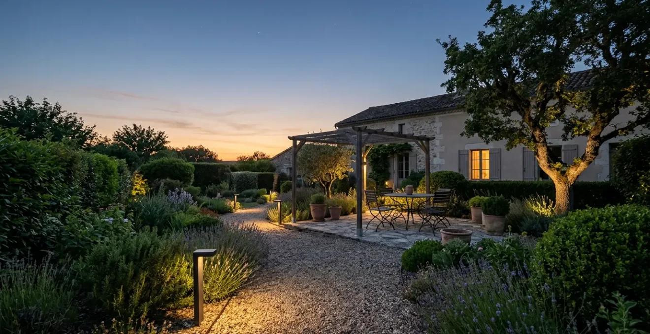 Jardin résidentiel français éclairé en soirée avec lumières douces créant une ambiance chaleureuse sans éblouissement