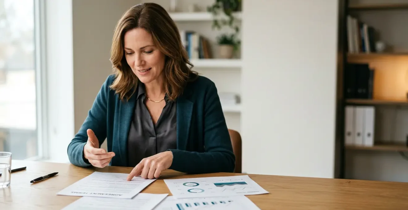 Professionnel analysant des documents de contrats d'électricité avec des données de consommation sur un bureau moderne