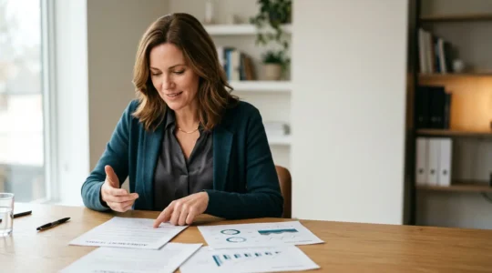 Professionnel analysant des documents de contrats d'électricité avec des données de consommation sur un bureau moderne