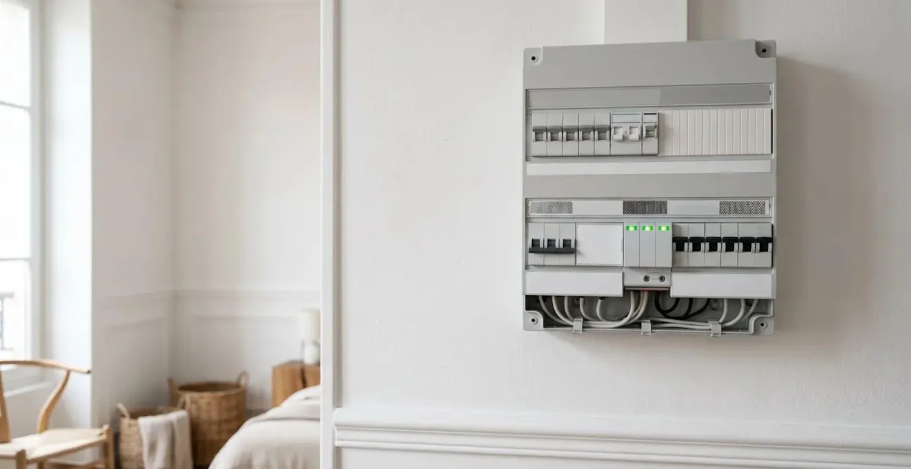 Tableau électrique moderne avec parafoudre modulaire installé dans un intérieur français contemporain
