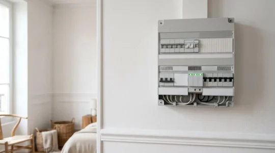 Tableau électrique moderne avec parafoudre modulaire installé dans un intérieur français contemporain