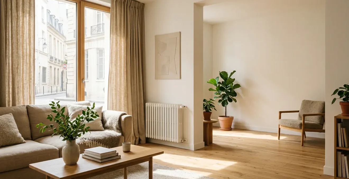 Intérieur de maison français moderne avec dispositifs d'économie d'énergie et ambiance confortable