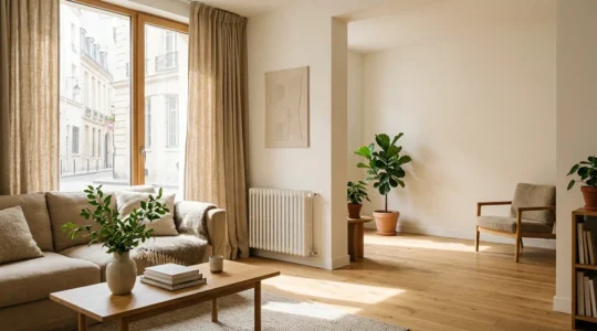 Intérieur de maison français moderne avec dispositifs d'économie d'énergie et ambiance confortable