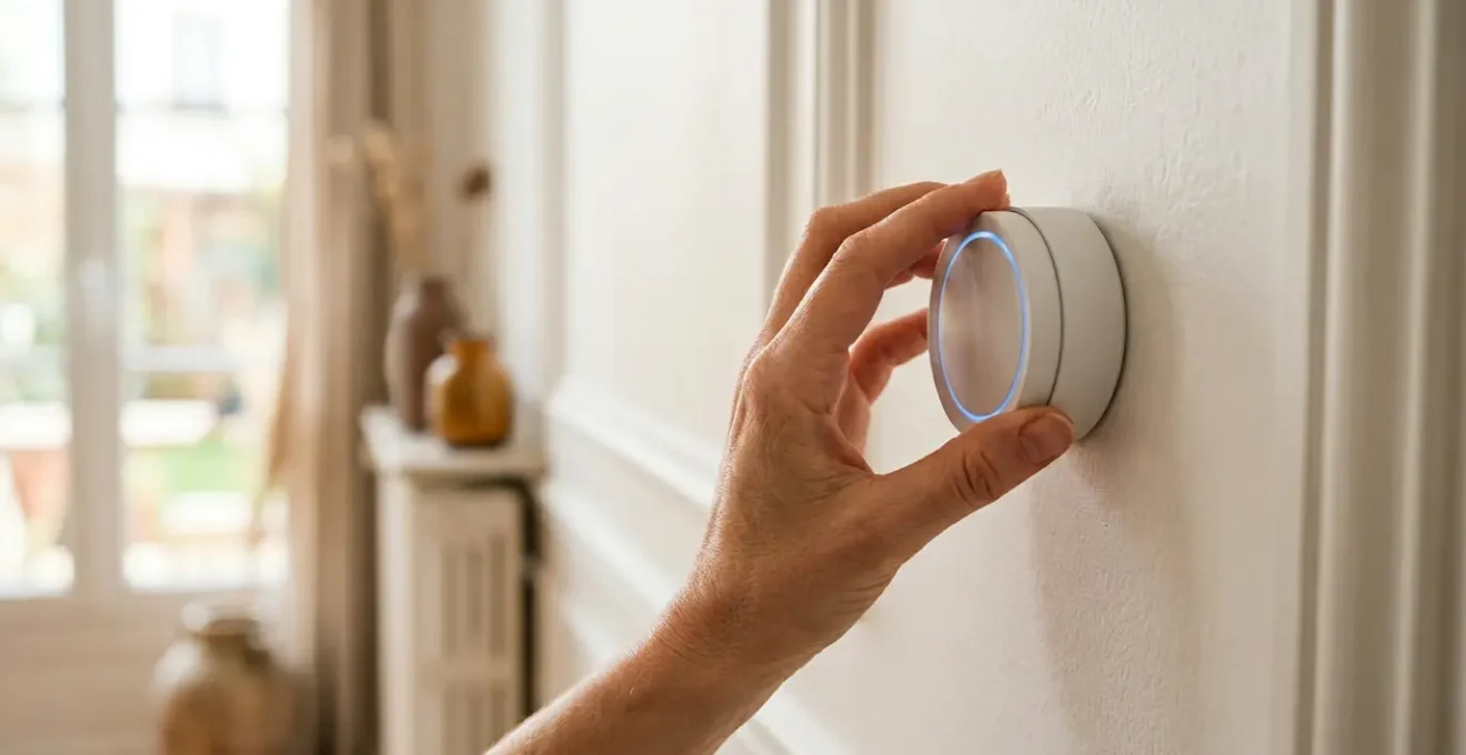 Main ajustant un thermostat intelligent dans un intérieur moderne français, symbolisant le contrôle de la consommation électrique