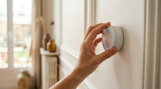 Main ajustant un thermostat intelligent dans un intérieur moderne français, symbolisant le contrôle de la consommation électrique