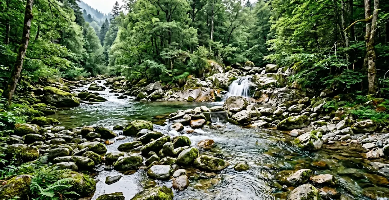 Ruisseau de montagne avec petit ouvrage hydraulique integre dans paysage naturel francais