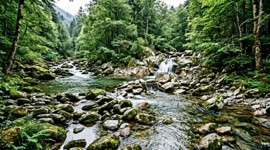 Ruisseau de montagne avec petit ouvrage hydraulique integre dans paysage naturel francais
