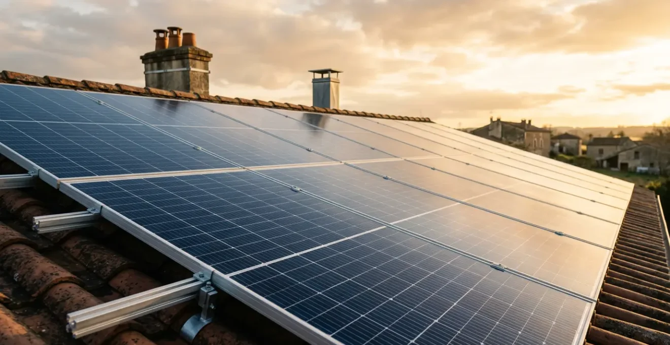Installation de panneaux photovoltaïques de haute qualité sur une toiture française avec vue sur le ciel