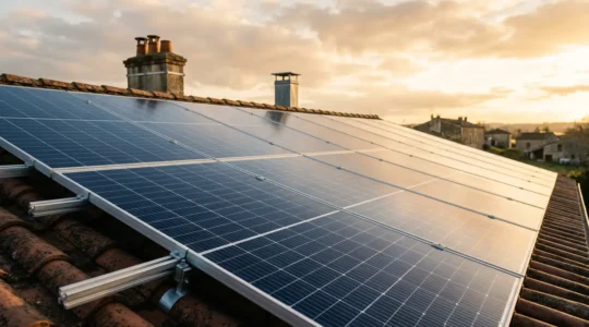 Installation de panneaux photovoltaïques de haute qualité sur une toiture française avec vue sur le ciel