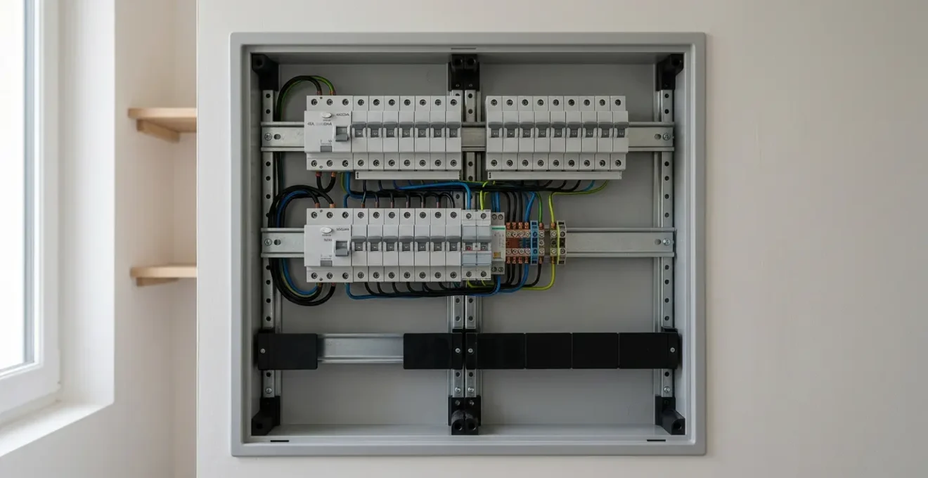 Tableau électrique modulaire moderne organisé avec espaces vides pour évolution future