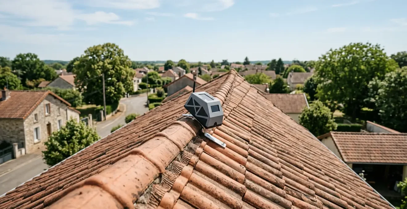 Vue d'ensemble d'une toiture résidentielle française équipée d'un dispositif de mesure de l'irradiation solaire sous un ciel partiellement ensoleillé