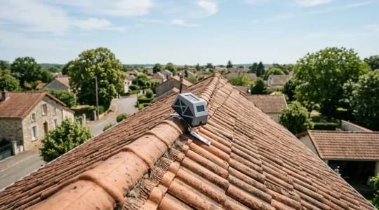 Vue d'ensemble d'une toiture résidentielle française équipée d'un dispositif de mesure de l'irradiation solaire sous un ciel partiellement ensoleillé