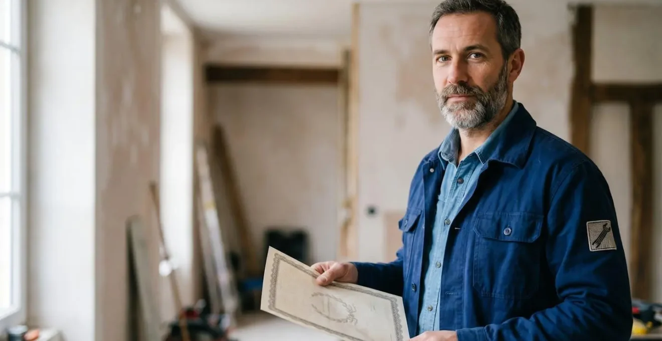 Professionnel électricien vérifiant des certifications officielles lors d'une consultation de rénovation énergétique