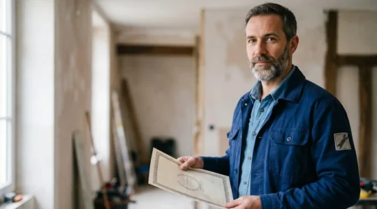 Professionnel électricien vérifiant des certifications officielles lors d'une consultation de rénovation énergétique
