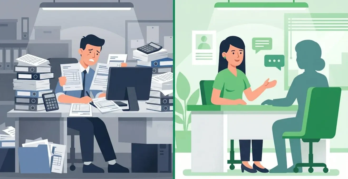 Illustration comparant la gestion directe des contrats énergie avec l'accompagnement par un courtier.